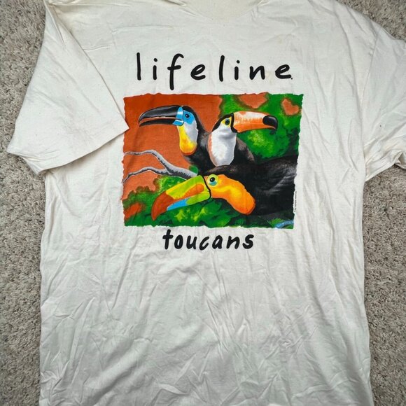 Vintage Lifeline Amazonia Shirt Mens XL Toucans Single Stitch Tee 1992 Hanes - Picture 1 of 12